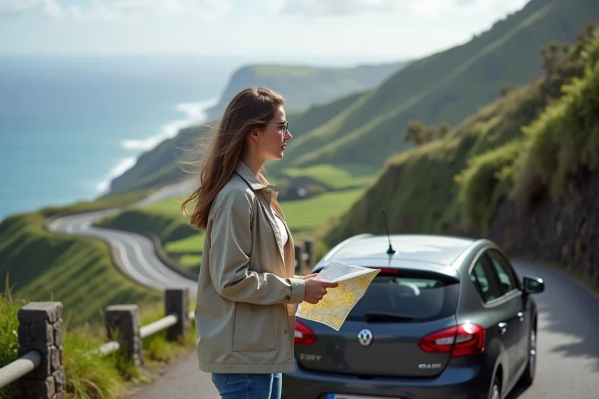 Jeune femme regardant la côte à Madère avec voiture et carte