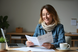 Femme souriante tenant un chèque vacances ANCV dans un bureau organisé