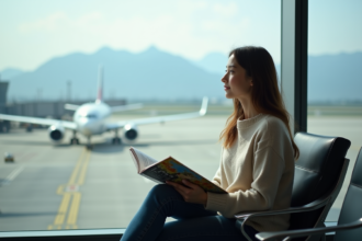 Jeune femme regardant l'aéroport depuis la fenêtre