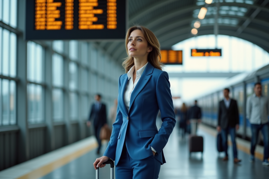 Femme d'affaires dans une gare avec valise