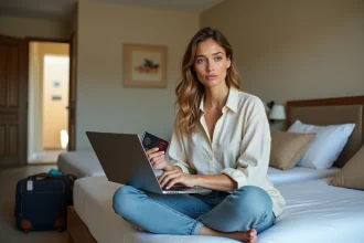 Jeune femme avec passeport et ordinateur dans une chambre d'hôtel