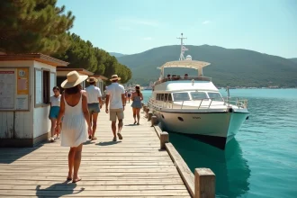 Ferry blanc accosté au quai de l'île de Porquerolles avec des passagers attendant l'embarquement