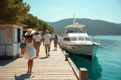 Ferry blanc accosté au quai de l'île de Porquerolles avec des passagers attendant l'embarquement