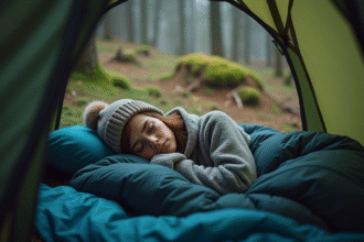 Jeune femme dormant dans une tente en forêt