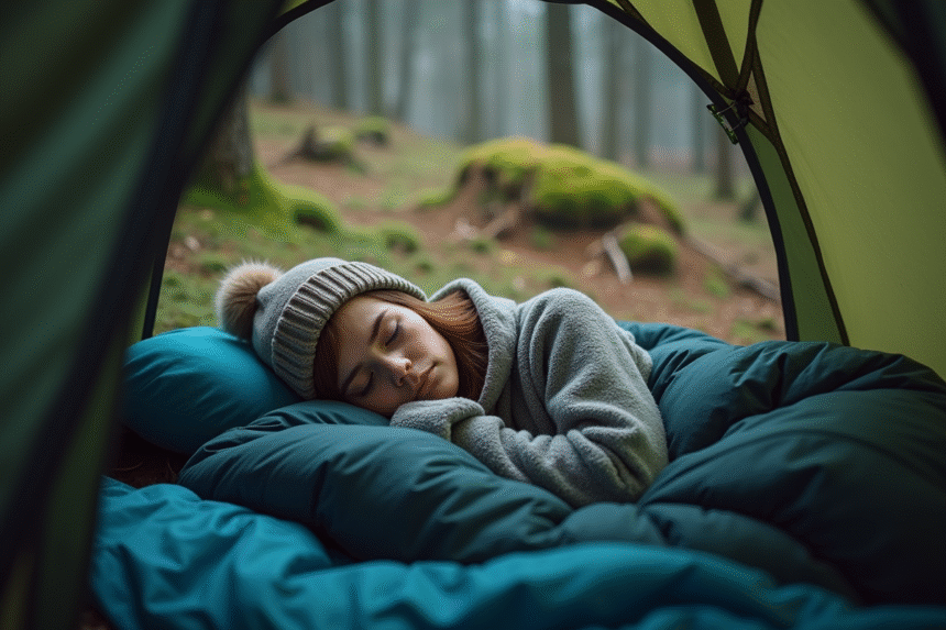 Jeune femme dormant dans une tente en forêt