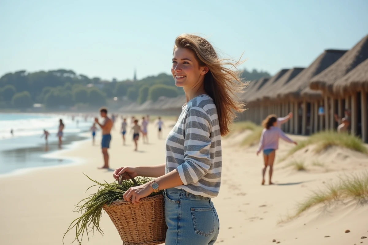 Jeune femme ramassant des algues sur la plage d