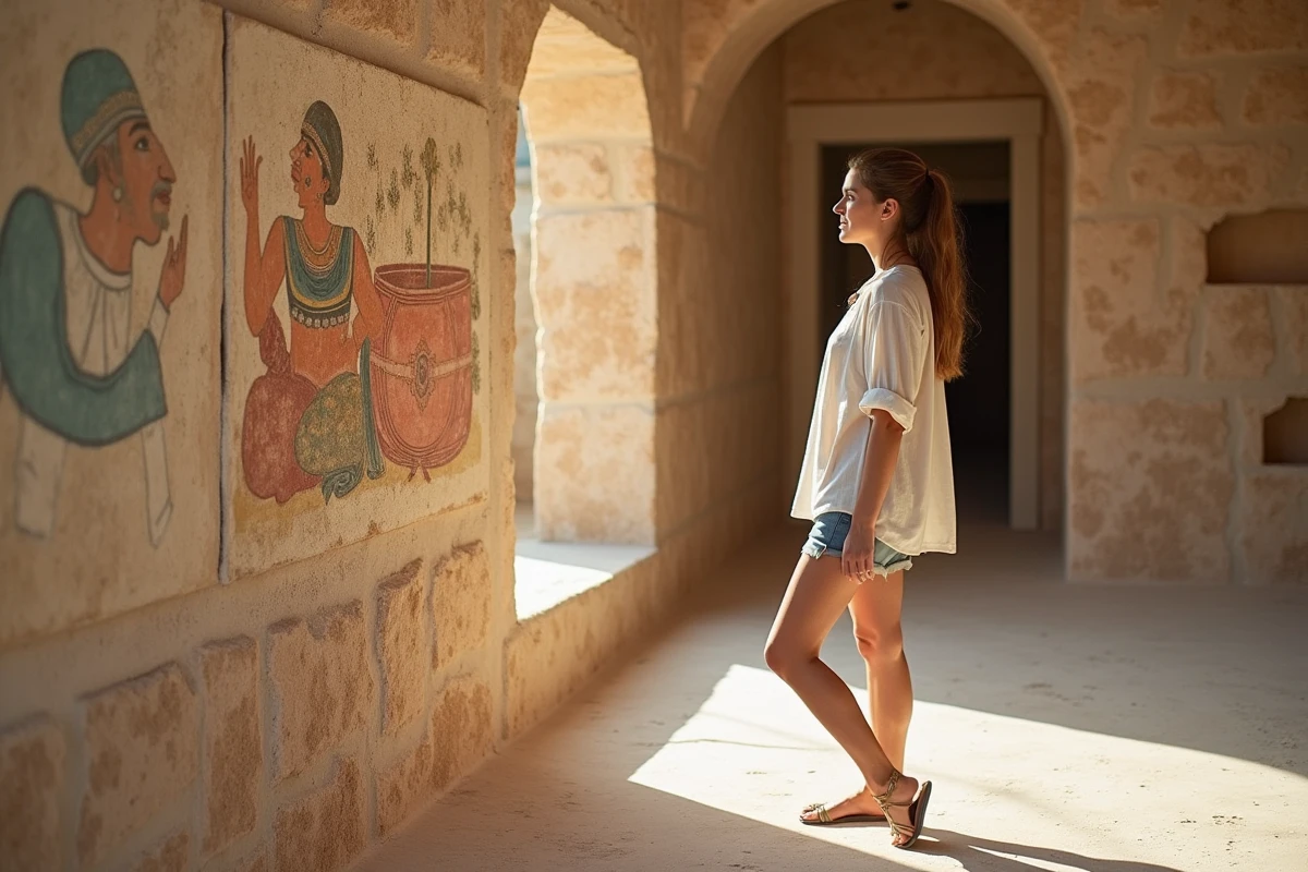 Jeune femme contemplant une fresque murale dans le musée d