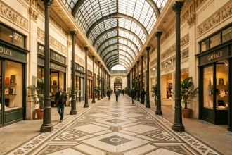 Intérieur de la Galerie Vivienne à Paris avec sol en mosaïque et verrière en verre