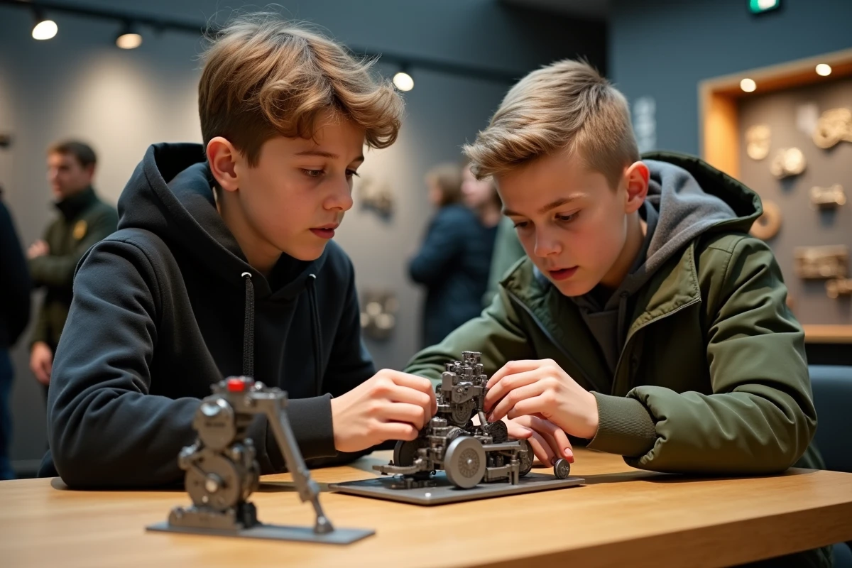 Deux adolescents assemblant un modèle mécanique au musée de Berlin