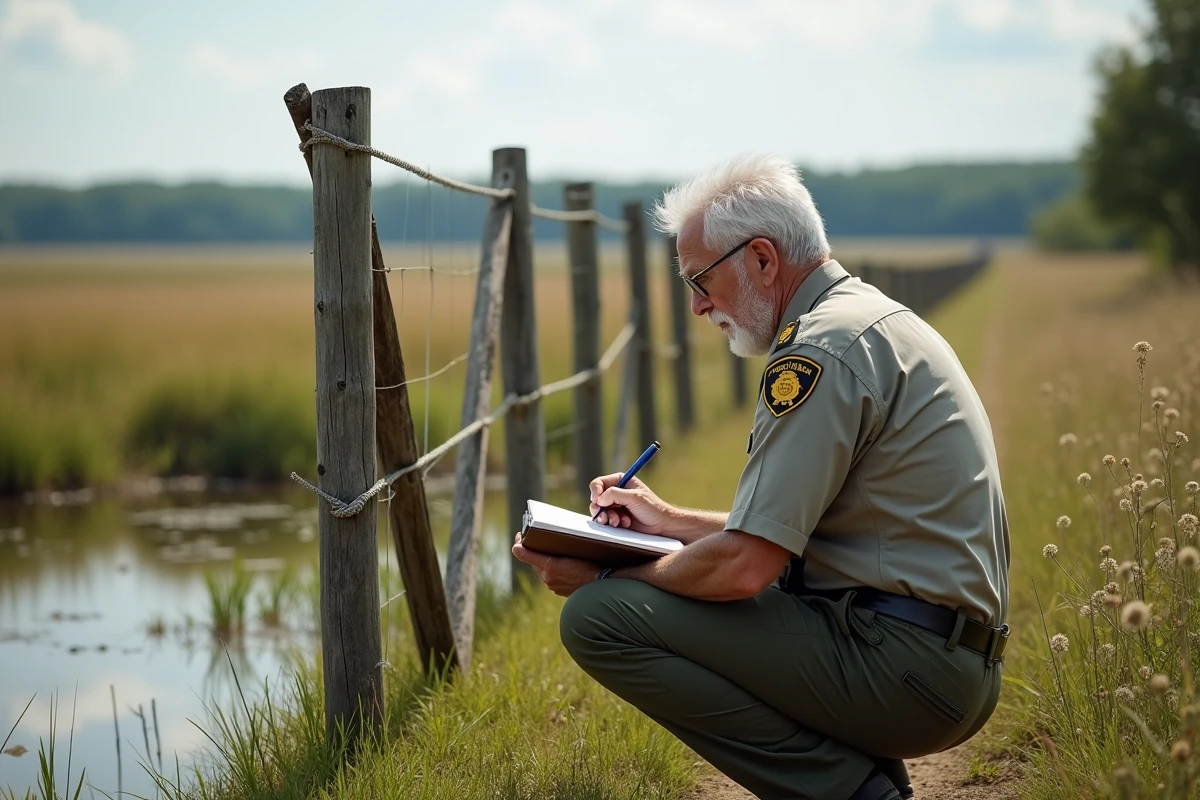 Gardien de parc inspectant clôture en prairie