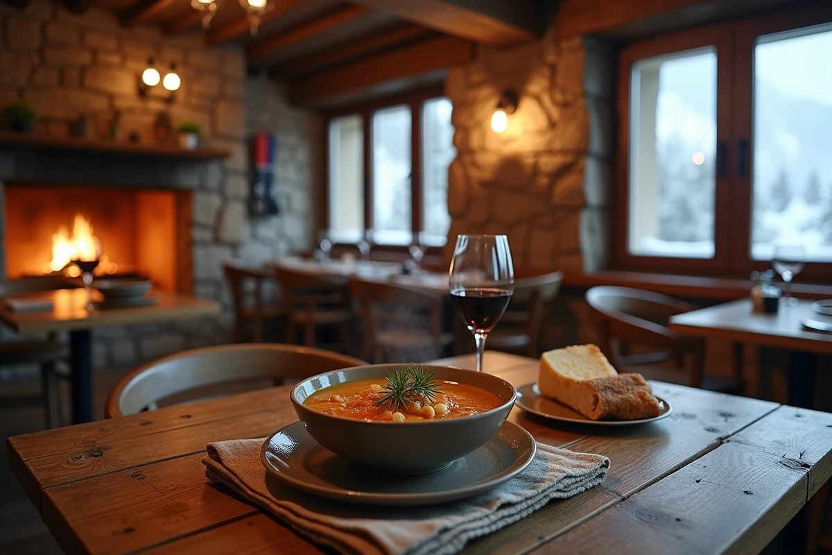 Table rustique d'un restaurant de montagne valdôtain avec soupe traditionnelle, vin rouge et fromage au coin du feu en hiver