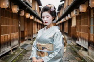 Geisha en kimono bleu traditionnel dans une ruelle pavée du quartier Gion à Kyoto