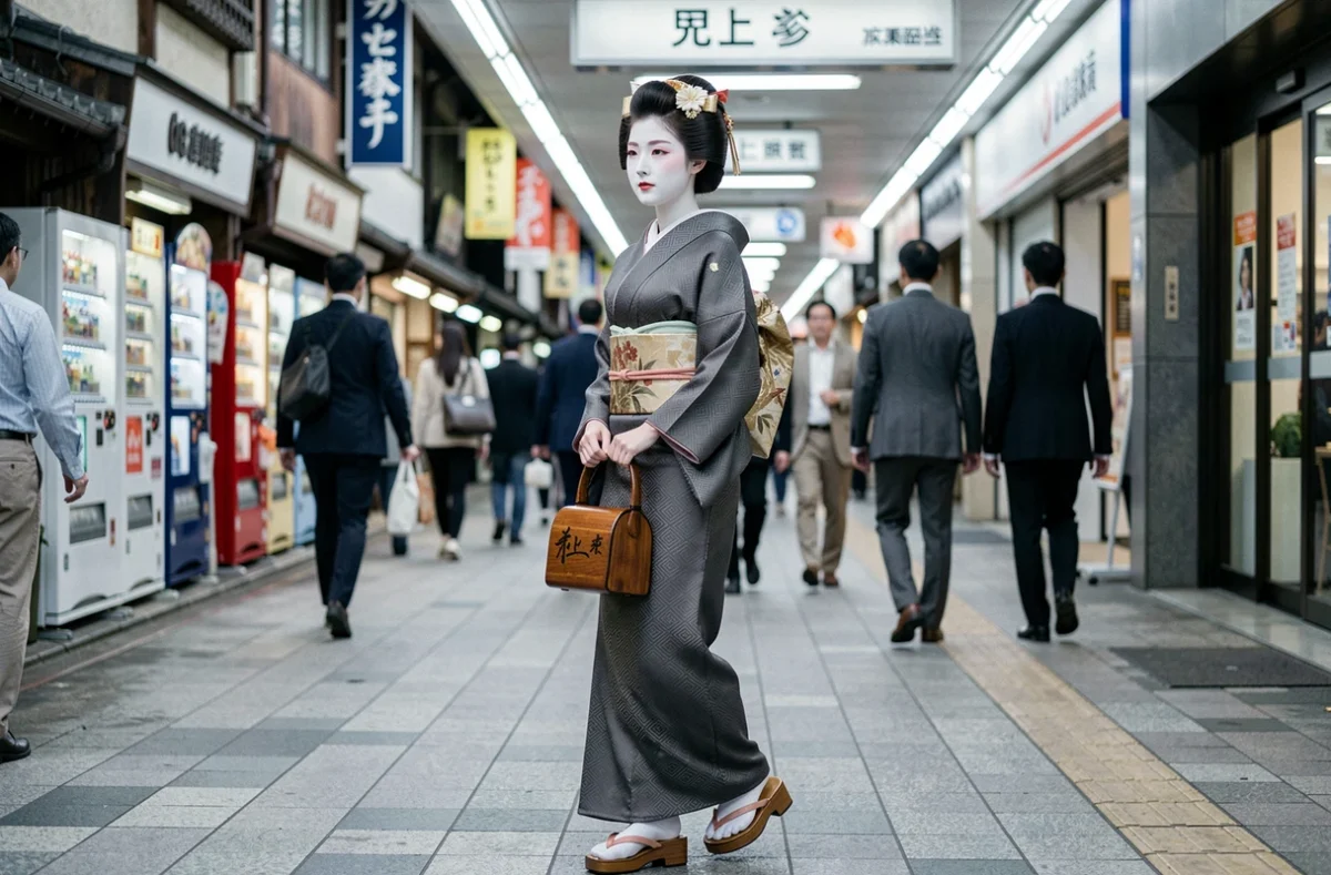 Geisha moderne en kimono gris marchant dans une rue contemporaine de Kyoto entourée de passants