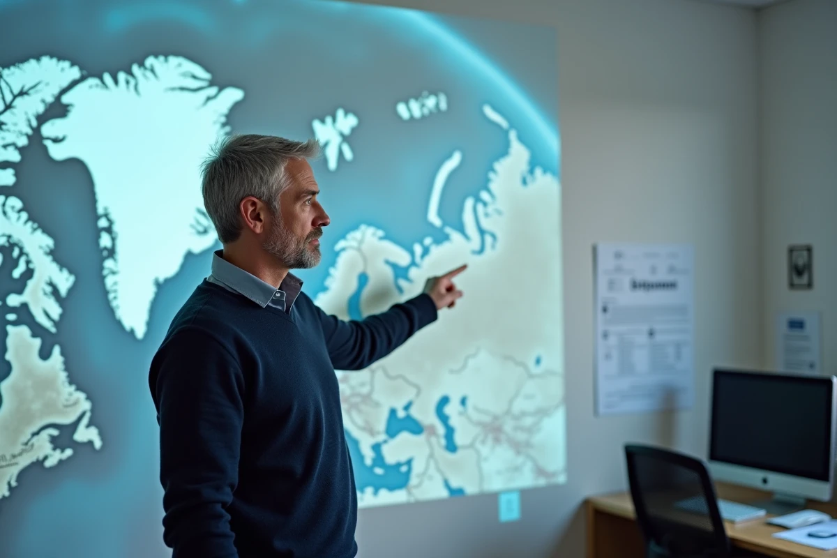 Géographe pointant la carte de l'Arctique et du Groenland dans un bureau de recherche universitaire