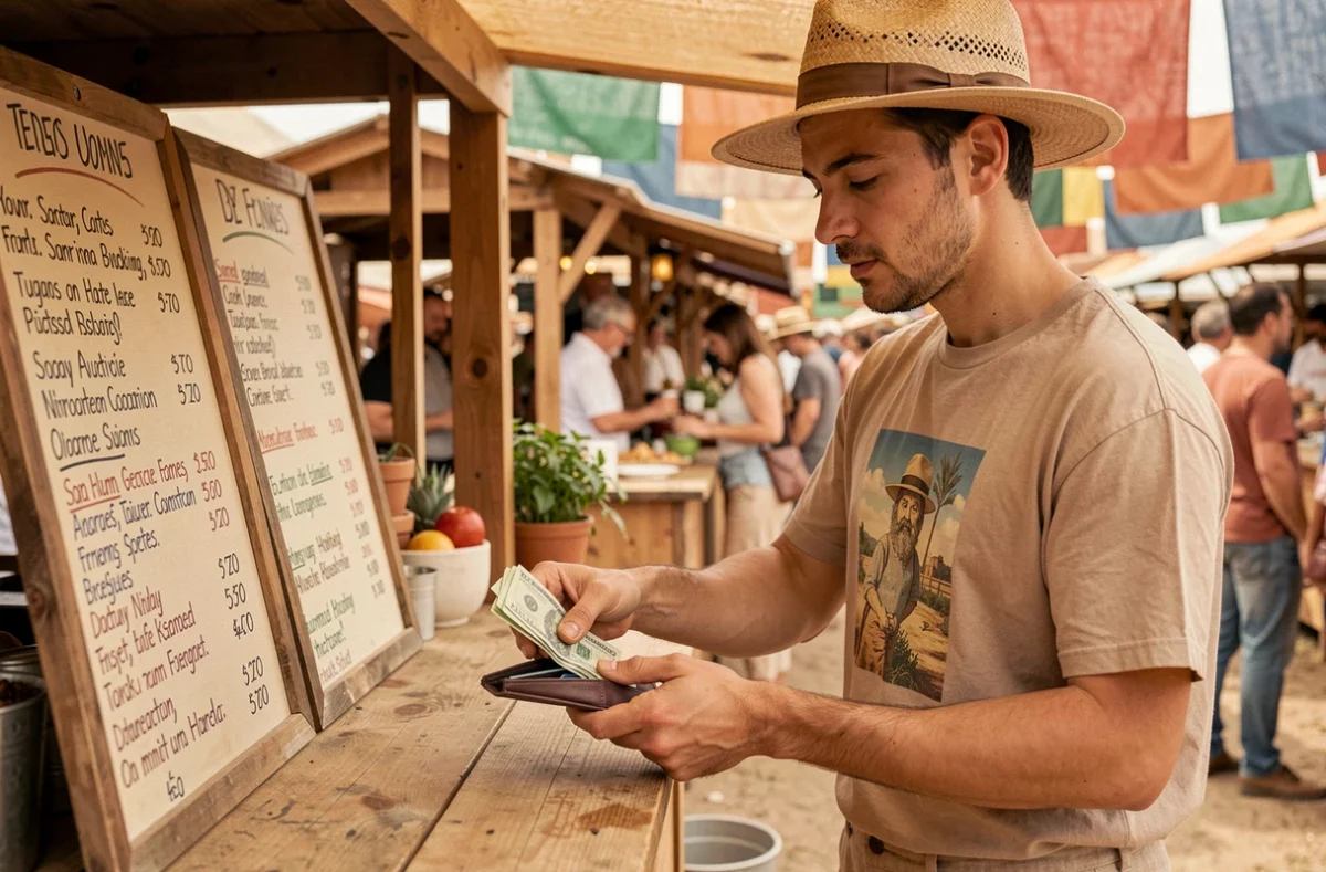 Jeune homme comptant son argent liquide devant un stand de nourriture au festival Coachella pour gérer son budget