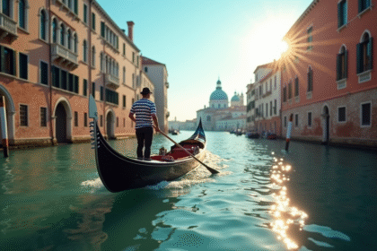 Gondolier naviguant sur un canal ensoleille a Venise