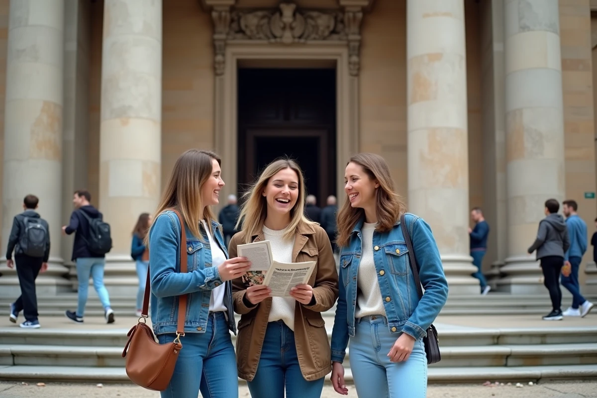 Groupe d'amis découvrant l'entrée d'un grand musée européen lors d'un premier voyage organisé