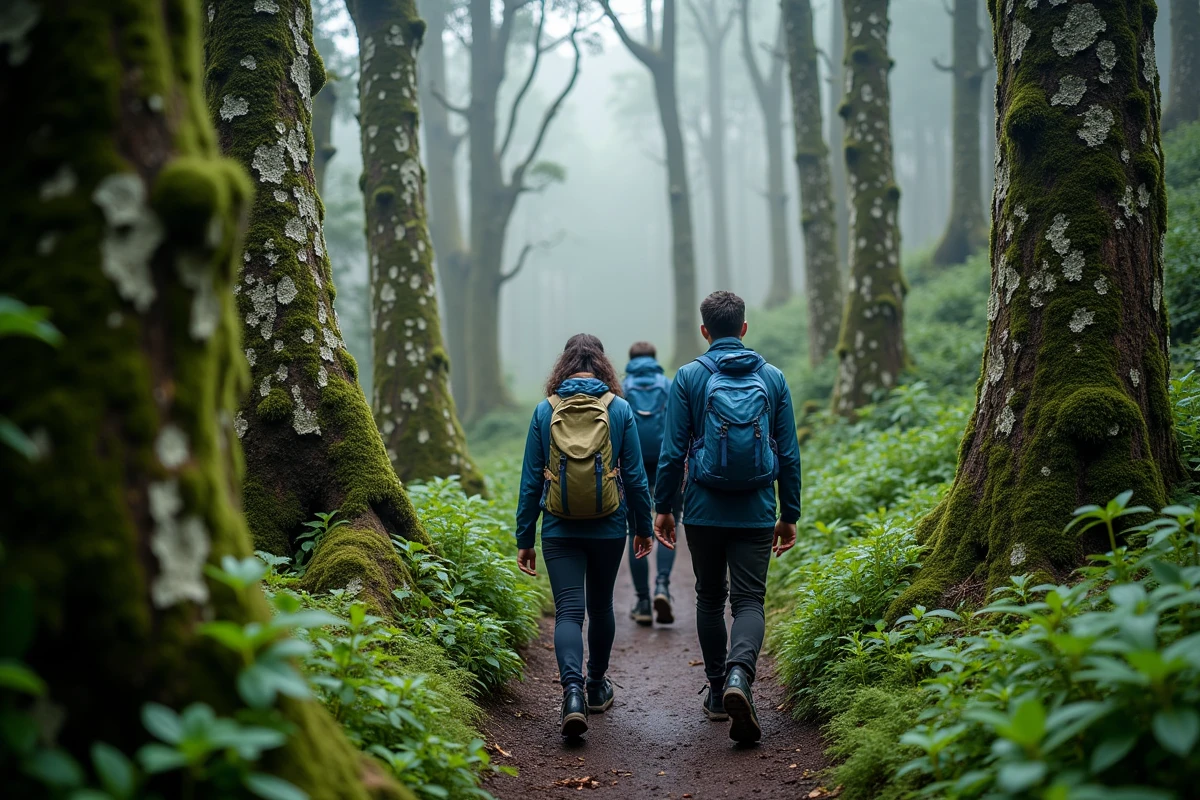 Groupe de randonneurs progressant en file indienne sur la route Lemosho dans la forêt de nuages du Kilimandjaro
