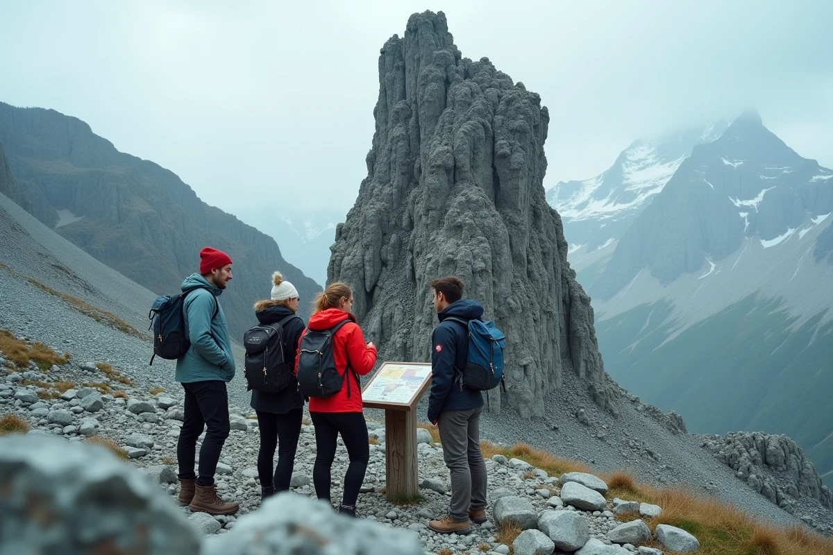 Groupe de randonneurs lisant un panneau informatif au pied de la Tour de Piz en été, site touristique alpin nécessitant une réservation anticipée en 2026