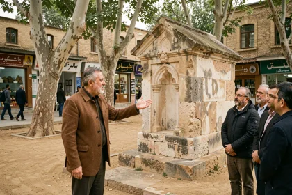 Guide local iranien expliquant l'histoire du mausolée d'Avicenne à Hamadan à un groupe de touristes
