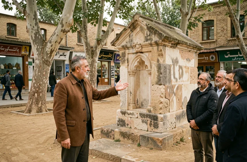 Guide local iranien expliquant l'histoire du mausolée d'Avicenne à Hamadan à un groupe de touristes