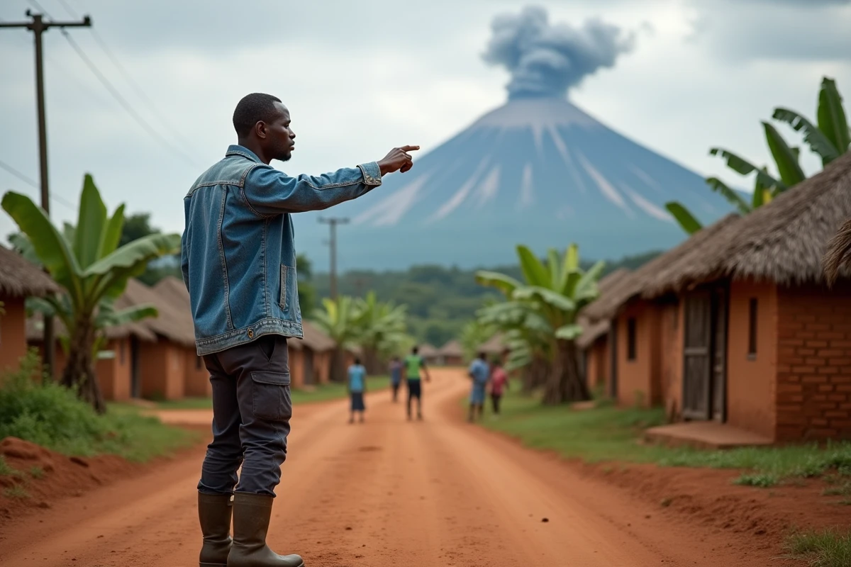 Guide congolais pointant le volcan Nyiragongo depuis un village près de Goma en République démocratique du Congo