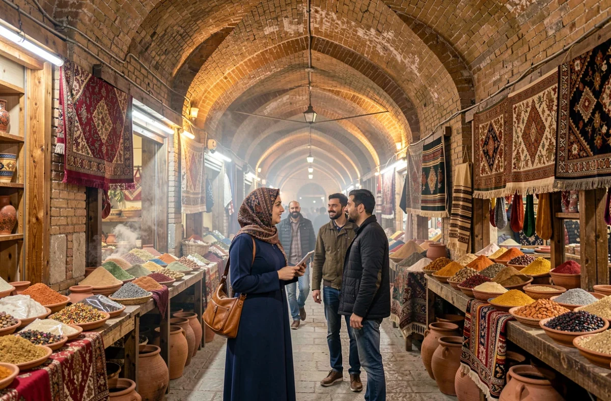 Guide locale iranienne accompagnant des touristes dans le bazar couvert de Hamadan avec ses étals de tapis et épices