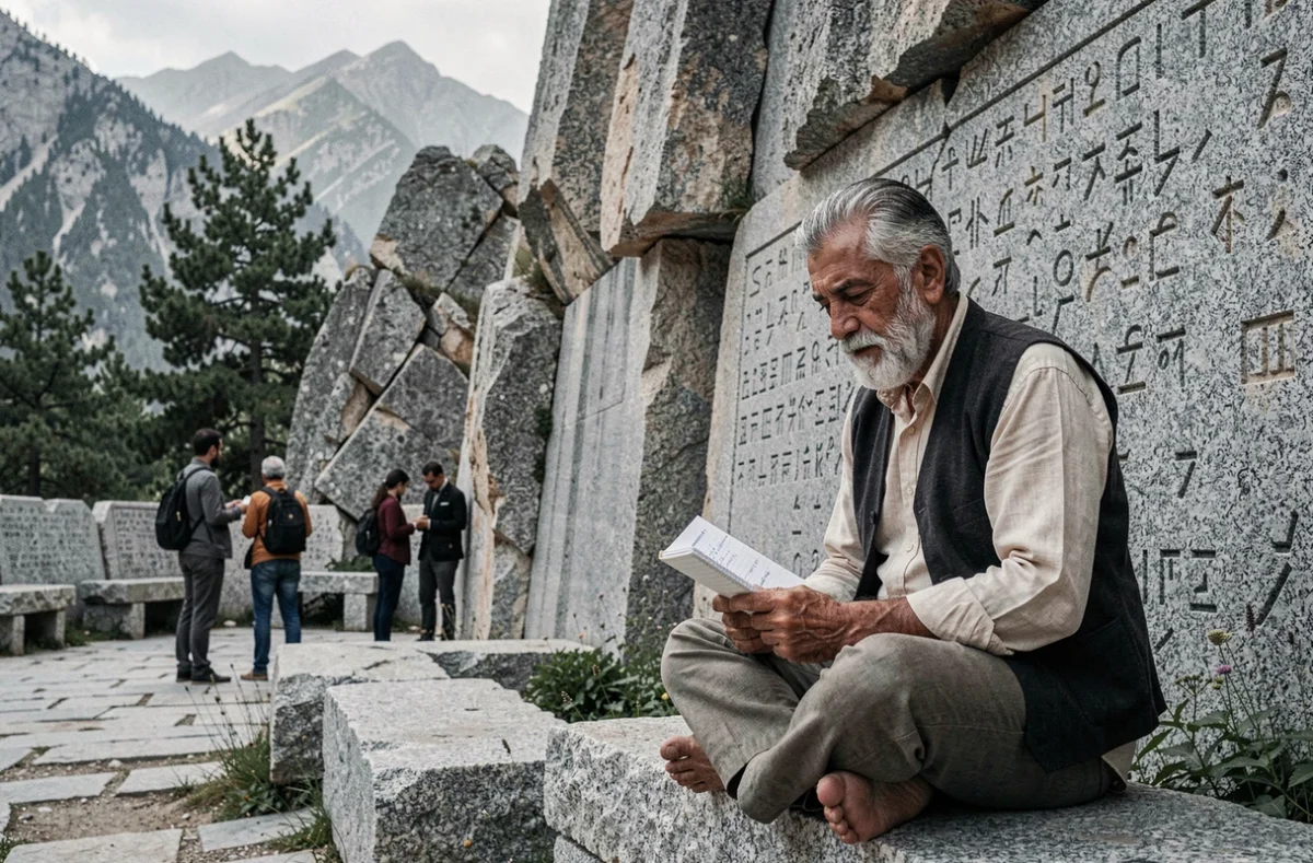 Guide iranien senior consultant ses notes devant les inscriptions cunéiformes de Ganjnameh près de Hamadan