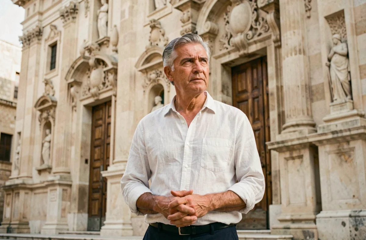 Homme maltais devant la façade baroque de la Co-Cathédrale Saint-Jean à La Valette, symbole du patrimoine historique des Chevaliers Hospitaliers
