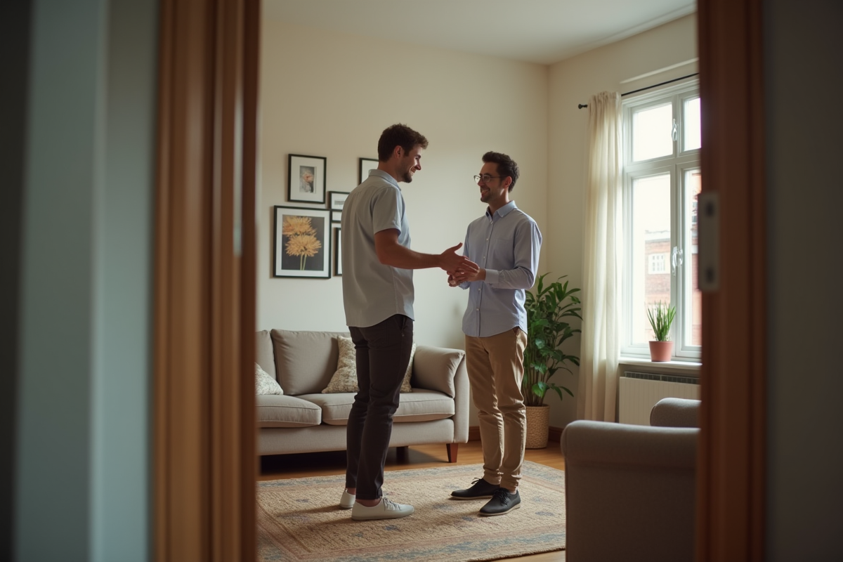 Jeune homme saluant un invité dans un salon bien entretenu