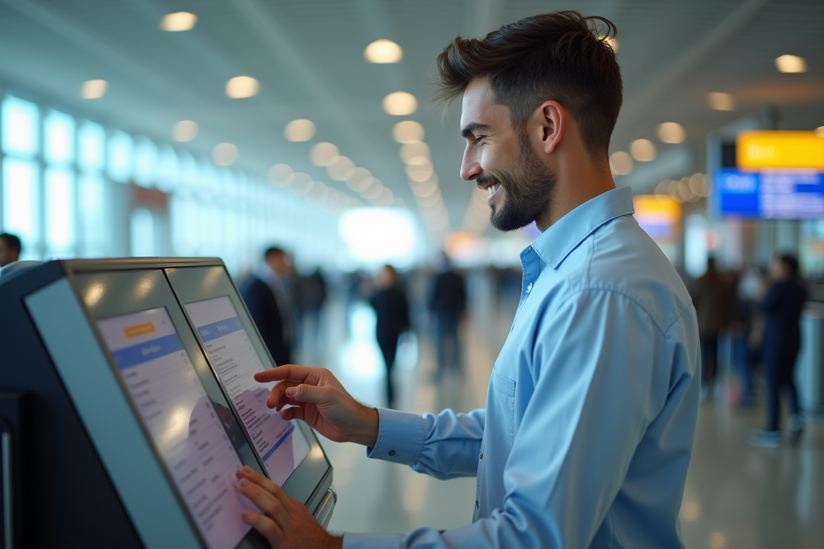 Jeune homme en costume ajustant ses détails de vol à un kiosque d