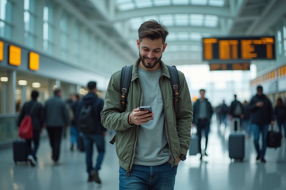Jeune homme dans un aéroport regarde son téléphone