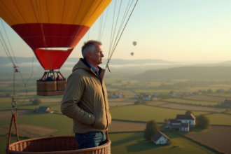 Homme d'âge moyen dans un ballon rural au lever du jour