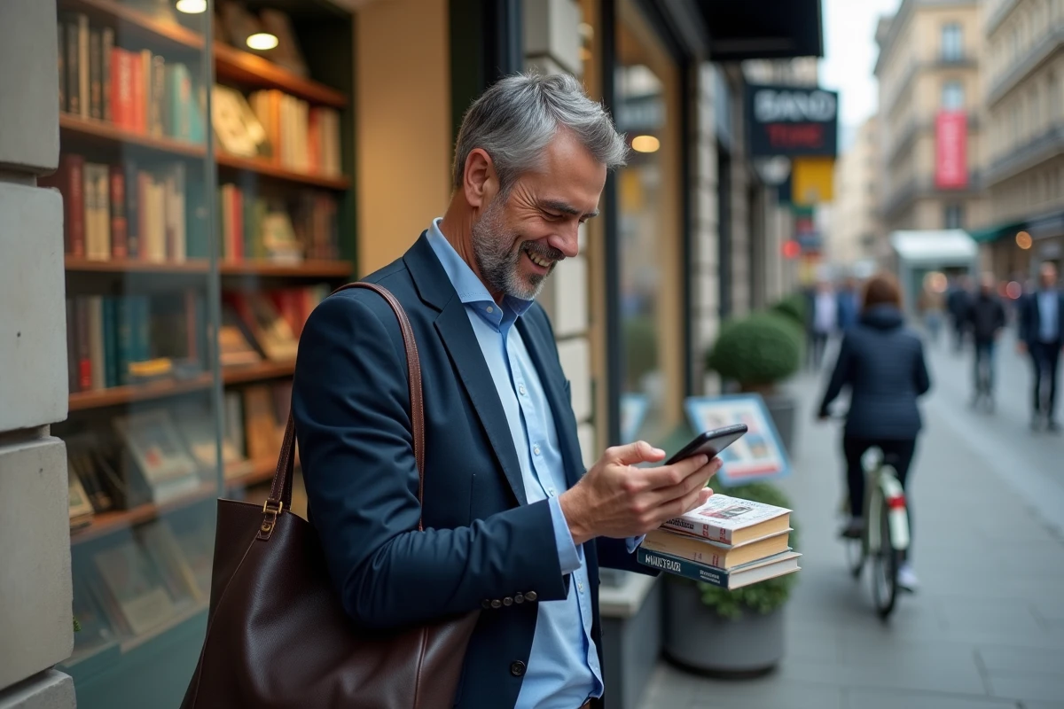 Homme d age moyen regardant son smartphone devant une librairie urbaine