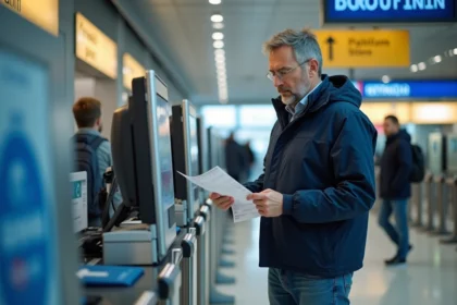 Homme d'âge moyen au guichet Eurotunnel regardant un ticket