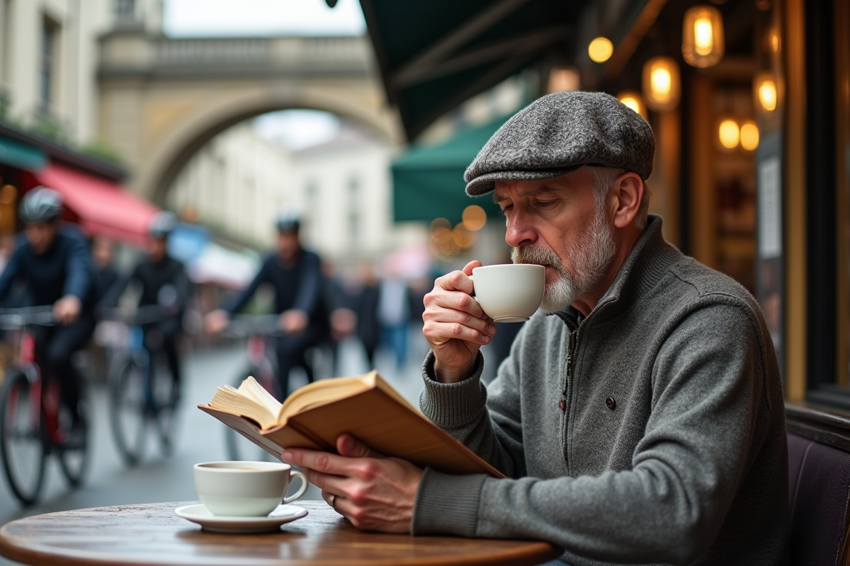 Homme au café à Borough Market lisant un livre