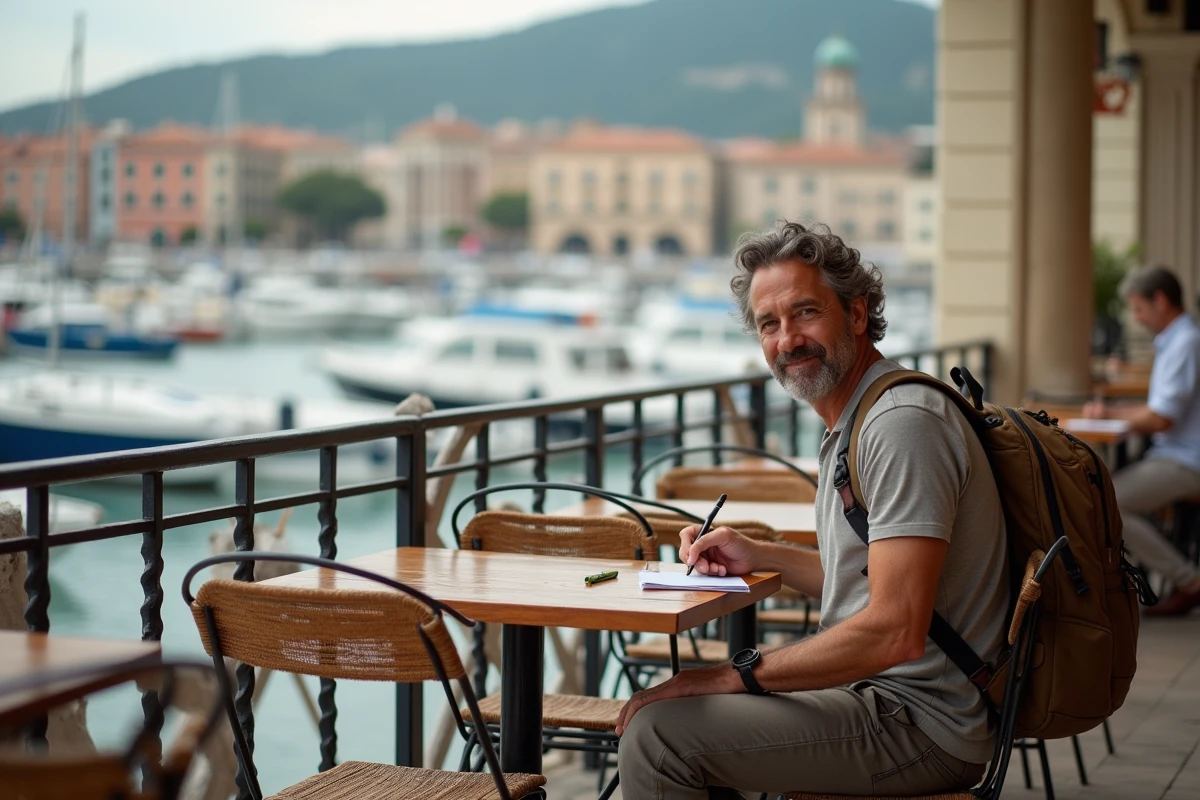 Homme écrivant des cartes postales au port méditerranéen