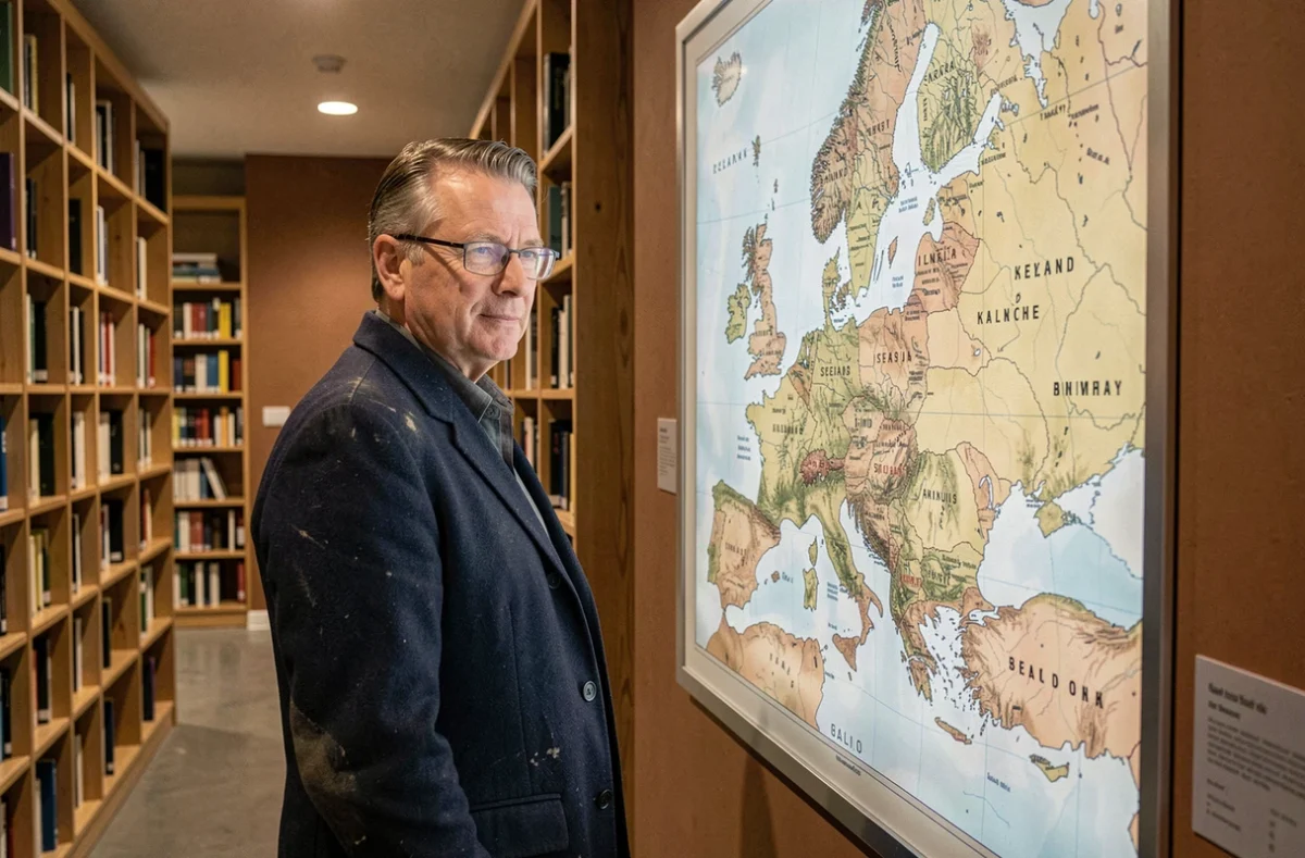 Homme étudiant une carte murale de l'Europe montrant la position de l'Islande dans une bibliothèque de Reykjavik
