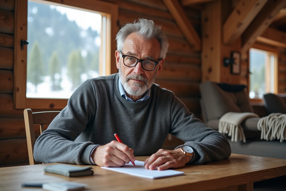Homme rédigeant une carte postale avec soin dans un chalet de montagne, illustrant l'importance de la bonne orthographe en vacances