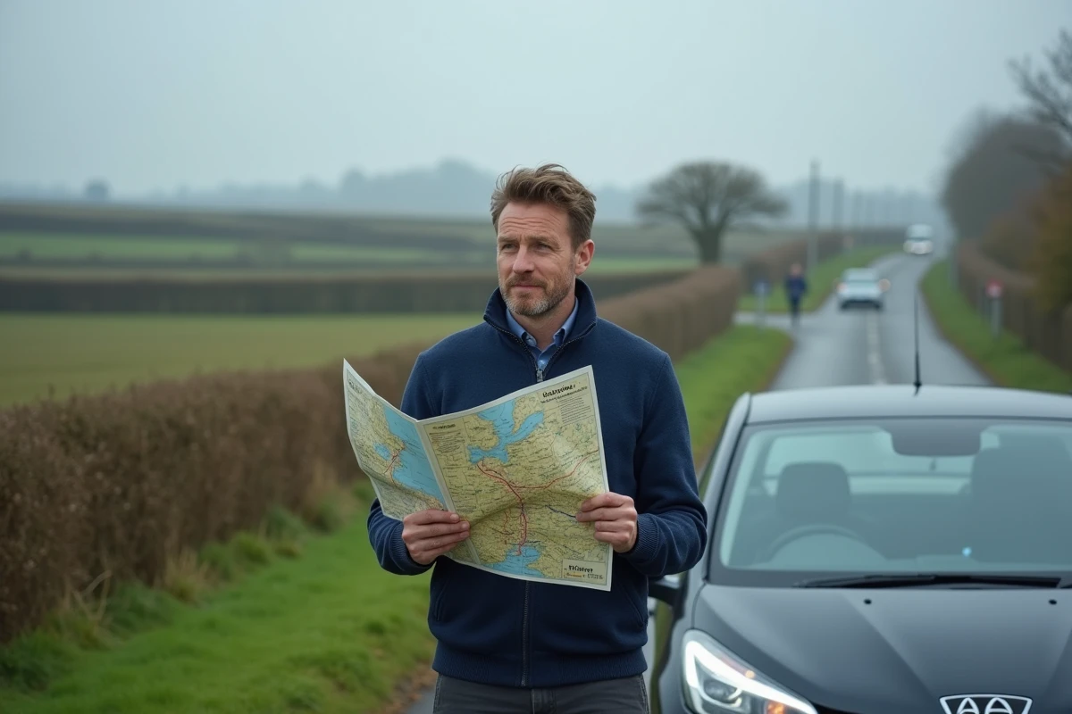 Homme étudiant une carte routière de Normandie au bord d'une route de campagne normande
