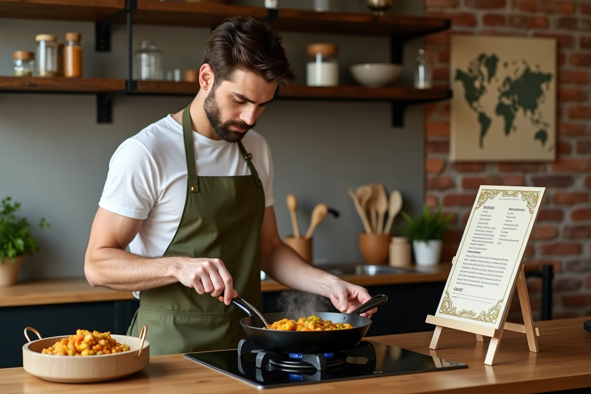 Homme débutant cuisinant un curry en suivant une fiche recette d'une box voyage culinaire dans une cuisine urbaine