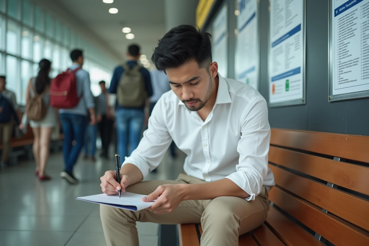 Jeune homme asiatique remplissant une déclaration de douane