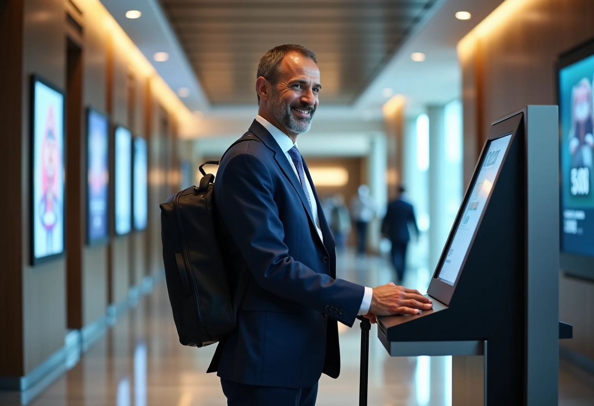 Homme d affaires s enregistrant au kiosque dans un couloir d hotel
