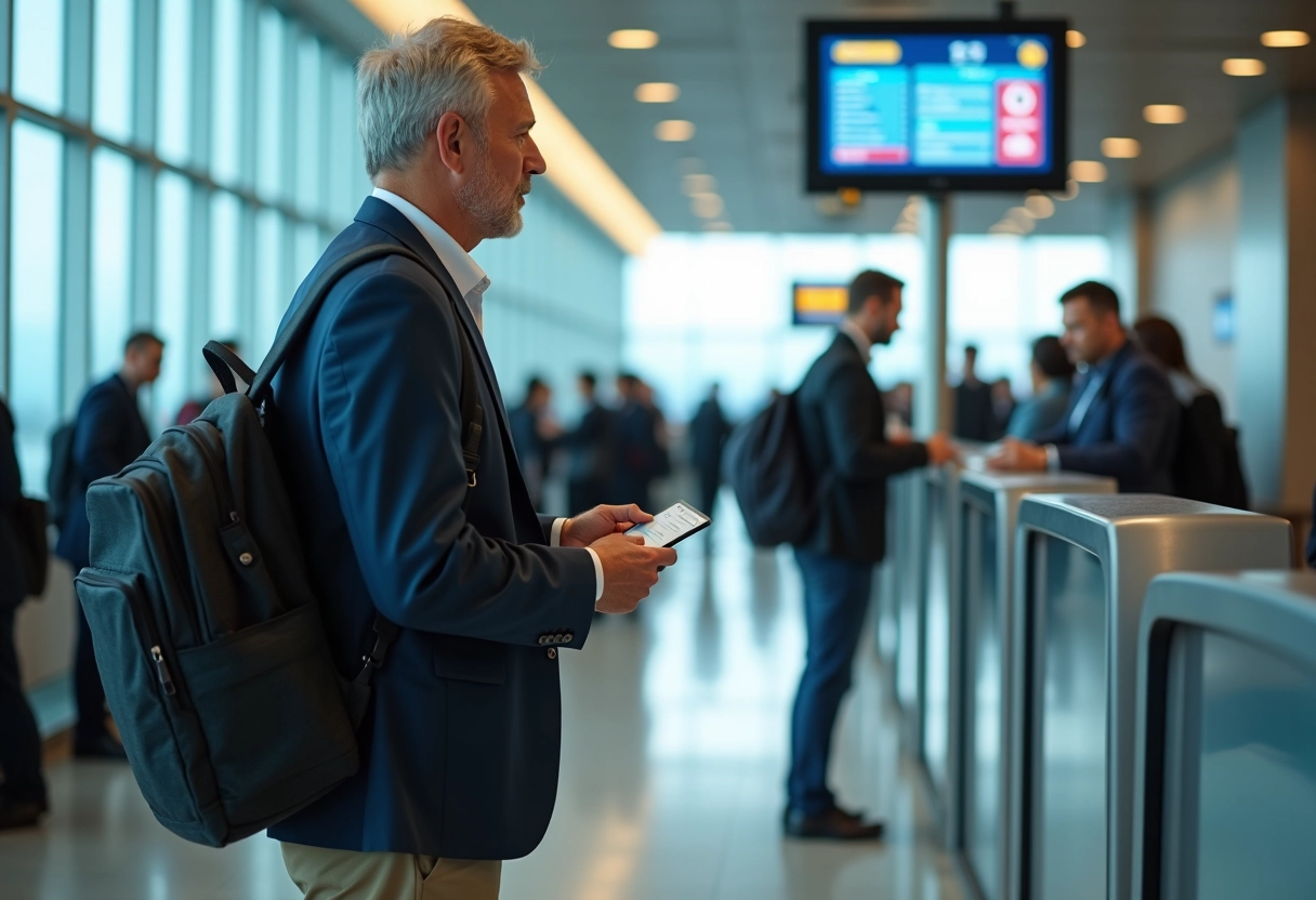Homme vérifiant ses documents à un comptoir d