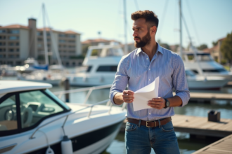 Homme français examinant documents de bateau au port