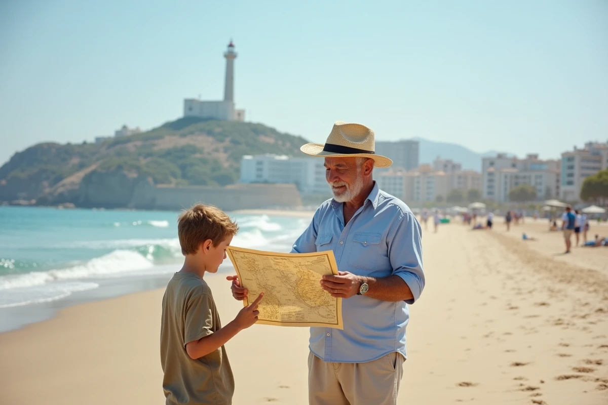 Homme âgé montrant une carte à un enfant sur la plage de Malaga
