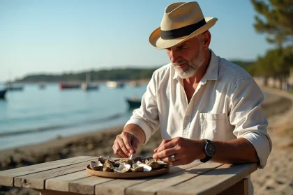 Homme en tenue casual shuckant des huitres sur la terrasse d'Arcachon