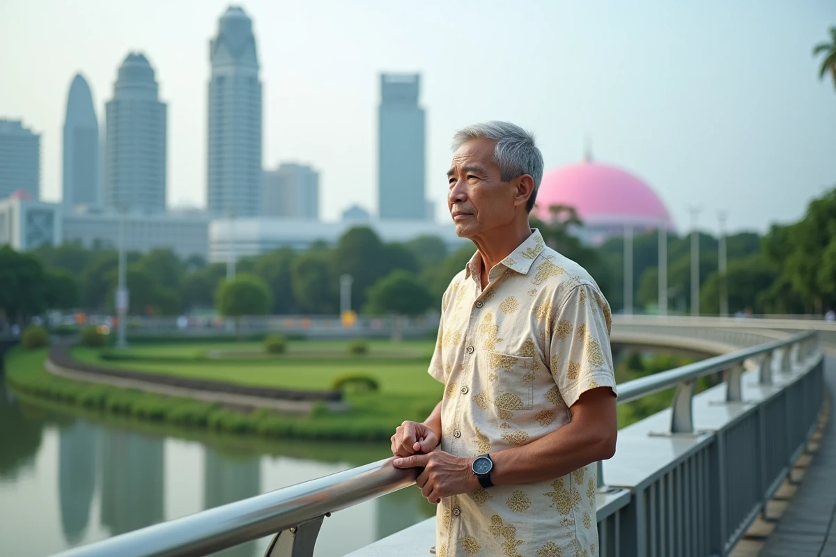 Homme malaisien en batik regardant Putrajaya et ses jardins