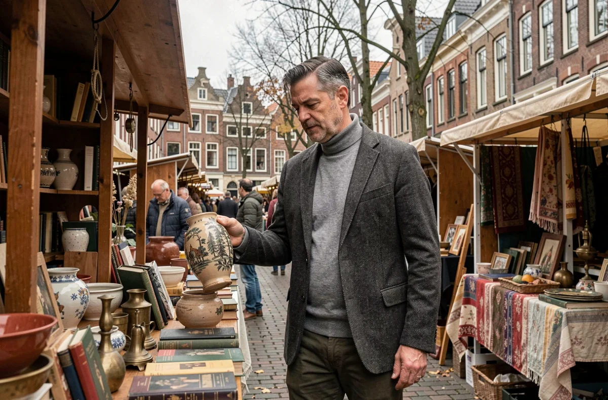Homme explorant un marché aux puces du week-end en plein air sur une place historique de Gand en automne