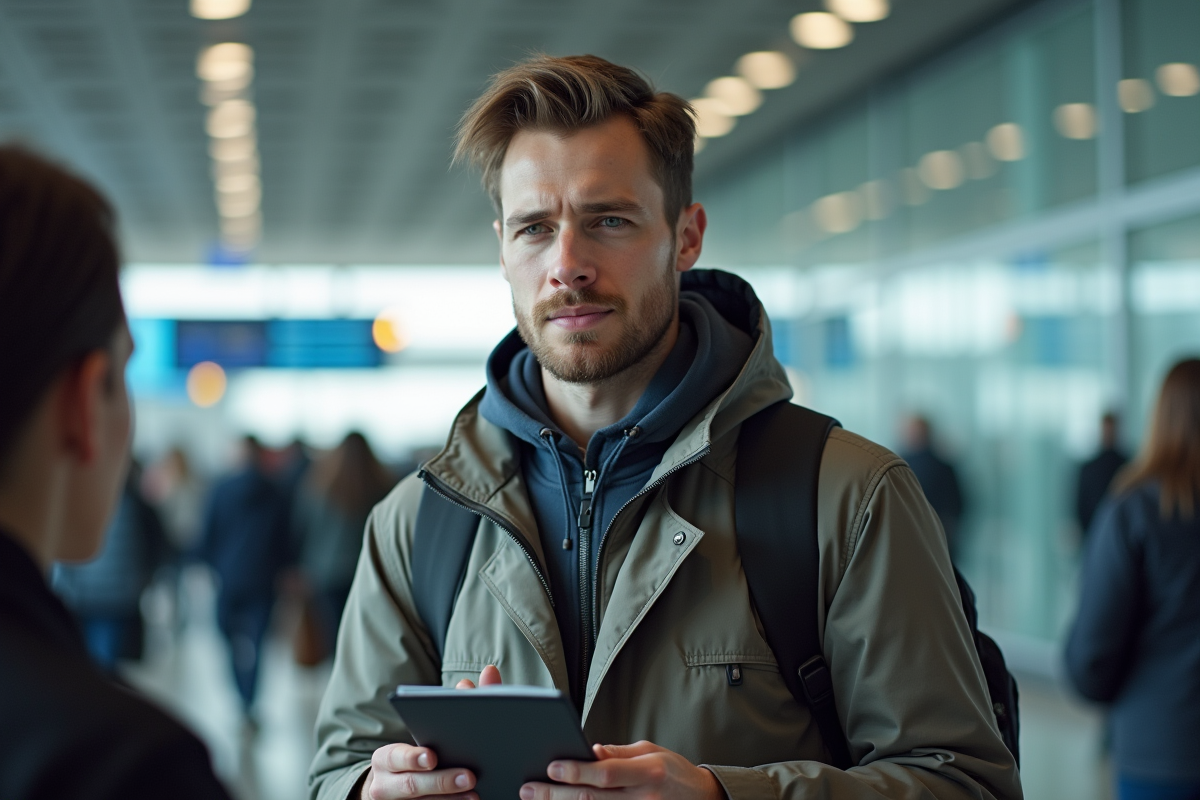 Homme présentant son passeport à la gare aéroportuaire